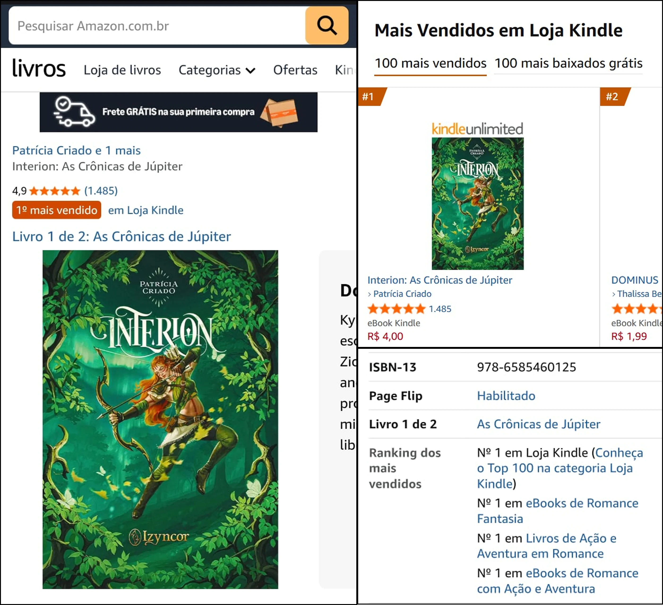 Print da Amazon Kindle mostrando Interion, de Patrícia Criado, em 1º lugar na lista geral de mais vendidos do Brasil